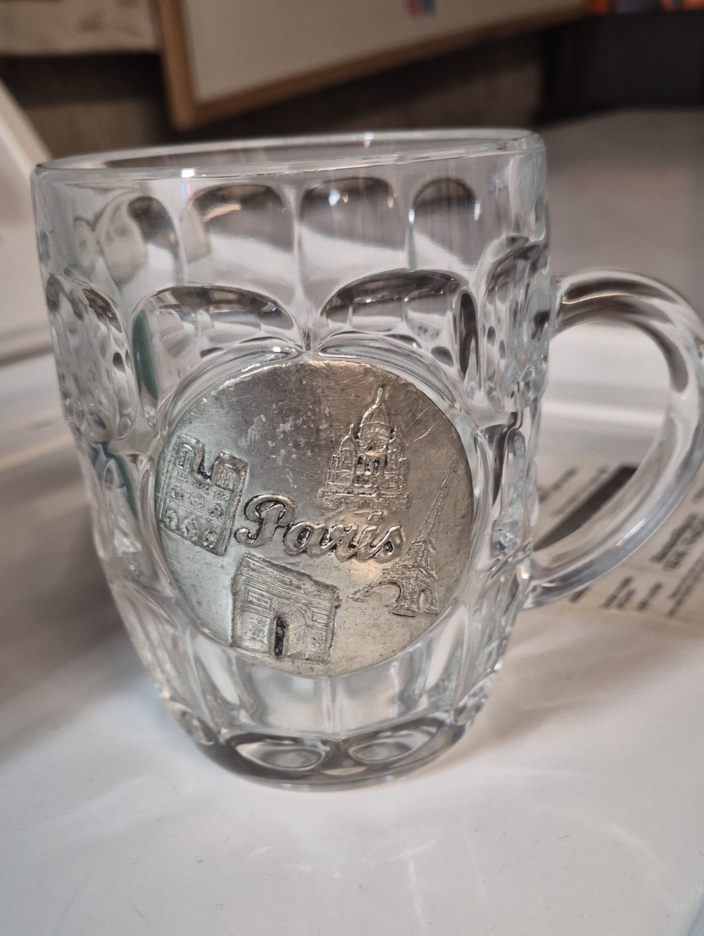 Vintage Arcoroc France Dimple Glass Beer Mug Paris Souvenir Medallion